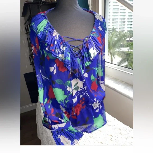 George Blue Floral Sheer Ruffled Blouse Deep V Neck , Size Medium - Picture 1 of 6